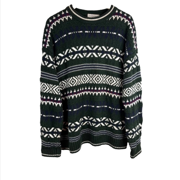 VTG 90s Woods & Gray Sweater XL Eclectic Grandpa Green Fair Isle Chunky Retro - Picture 1 of 10